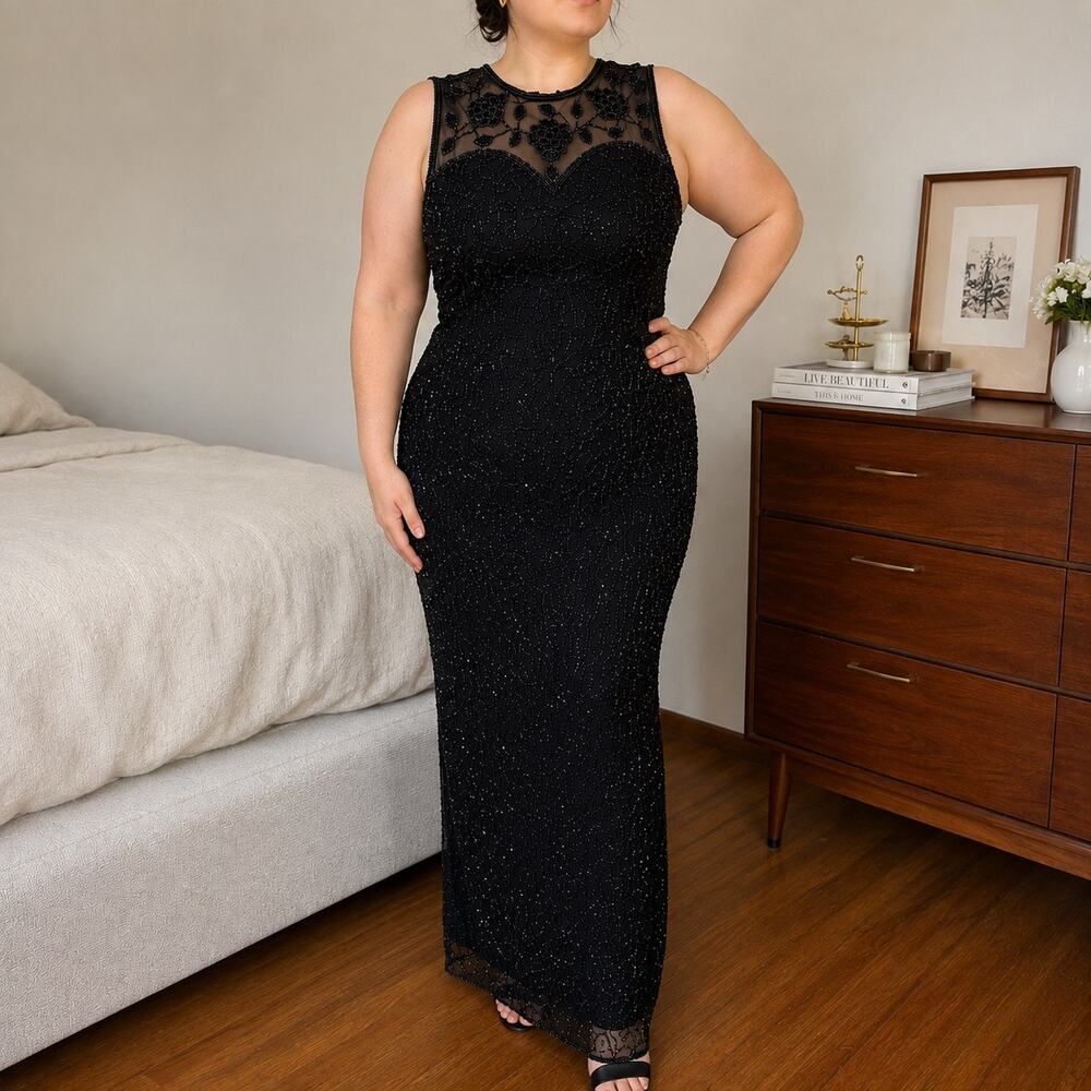 Vintage 90s NWT Silk Beaded Bias Cut Column Gown Sheer Black 1X